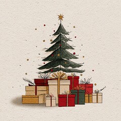 Hand-drawn Christmas tree with gifts on cream background, minimalist design with red and gold accents in soft tones