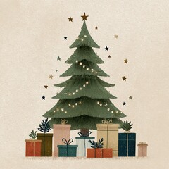 Boho style minimal Christmas tree with gifts, beige background, muted pastel tones, flat design with warm festive atmosphere