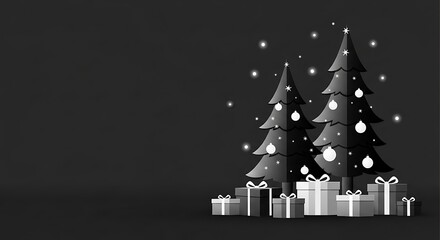 black and white Christmas monochrome pine trees with white ornaments