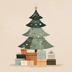 Modern minimal Christmas tree with presents, neutral pastel palette, beige gray background with green and brown accents, vector flat art
