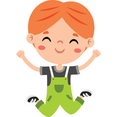 Joyful ginger haired boy wearing green overalls and grey t-shirt jumping with excitement on transparent background joyful expression of childhood happiness and energetic play