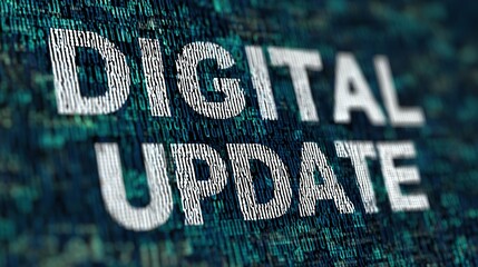 Dynamic digital update message displayed on futuristic binary code background for technology innovation concepts