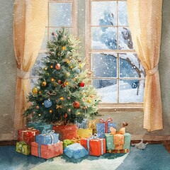 Cozy Christmas tree with gifts watercolor illustration, snow outside the window, soft lighting, warm tones, festive atmosphere