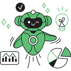 Joyful Green Robot Character Dancing With Data Charts and Lightbulb Icon Against Transparent Background