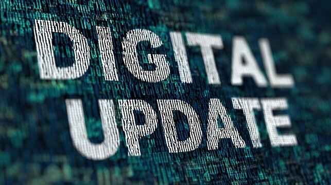 Dynamic digital update message displayed on futuristic binary code background for technology innovation concepts - Powered by Adobe