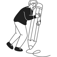 Joyful Person Embraces Giant Pencil Creating Art Against Transparent Background In A Whimsical Style