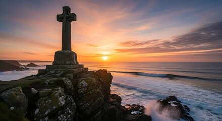 Stone Cross Ocean Sunset Landscape
