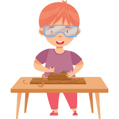 Joyful red haired boy wearing safety goggles enthusiastically sculpting clay on a wooden table, educational activity, indoors, simple art illustration