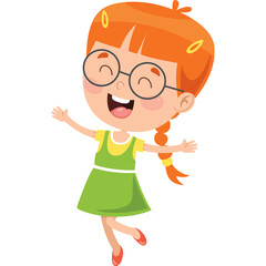 Joyful red-haired girl with glasses and pigtail wearing a green dress and yellow shirt jumping with happiness isolated on white background studio lighting