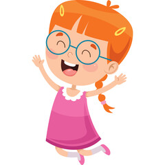 Joyful red-haired girl with glasses wearing a pink dress jumping and smiling energetically with a transparent background
