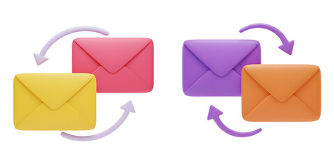 Two pairs of colorful envelopes with arrows indicating exchange isolated on transparent background
