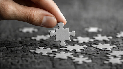 A close-up of a businessman holding a jigsaw puzzle, illustrating a business cooperation strategy concept.