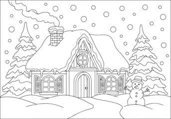 Winter scene coloring page featuring a cozy cabin with a snowman and snow-covered trees for a festive holiday activity