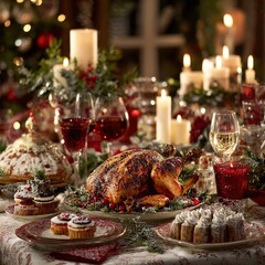 Festive Christmas dinner table with roasted turkey, candles, wine glasses, and desserts, cozy and warm holiday atmosphere