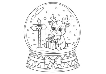 Festive Reindeer in Snow Globe A Delightful Christmas Coloring Page for Kids
