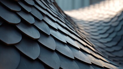 Elegant dark gray scalloped roof tiles create a modern architectural statement with captivating texture and pattern for design inspiration