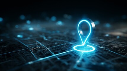 Dynamic neon location pin glowing bright on futuristic digital map, signaling precise navigation and connectivity