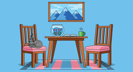 Fototapeta premium Cartoon room scene with cat sleeping on chair and fishbowl on table