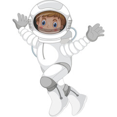 Joyful Young Boy Astronaut Floating Weightlessly Wearing White Spacesuit Helmet and Gloves with Arms Outstretched against a Transparent Background