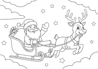 Christmas Coloring Page Santa Claus and his Reindeer Flying Through the Sky with Presents for Christmas Day