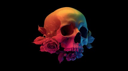 Striking skull art with vibrant roses and neon lighting for edgy designs or Halloween promotions, perfect for posters and digital art projects