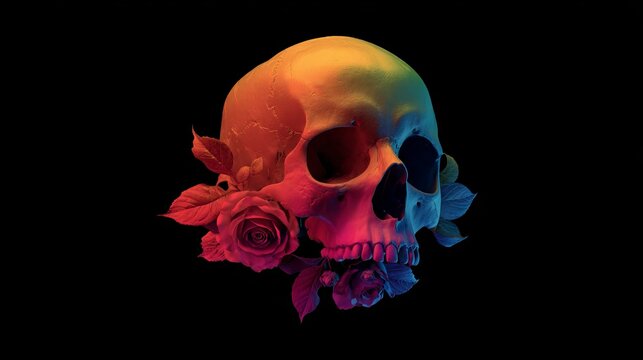 Striking skull art with vibrant roses and neon lighting for edgy designs or Halloween promotions, perfect for posters and digital art projects