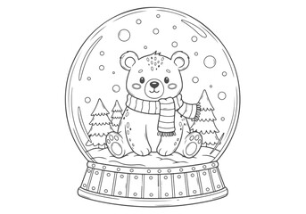 Charming winter coloring page with a cute teddy bear wearing a scarf inside a festive snow globe, a fun holiday activity for kids
