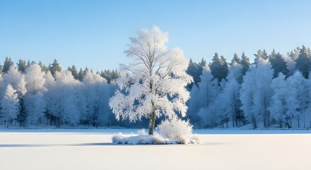A serene winter landscape featuring a lone frost-covered tree standing on a small snowy island in the middle of a frozen lake.