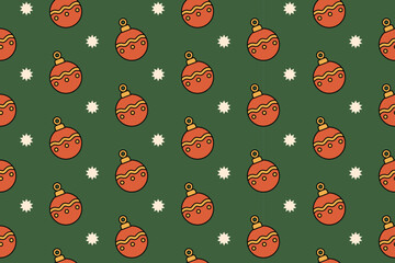 Red bauble with star pattern on green background for holiday. Christmas ornament seamless pattern for festive. Christmas bauble motif with stars and green background for wrapping and merchandise