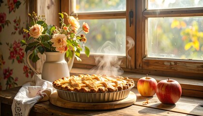 Warm apple pie on rustic window sill, steam rising, roses in vase nearby