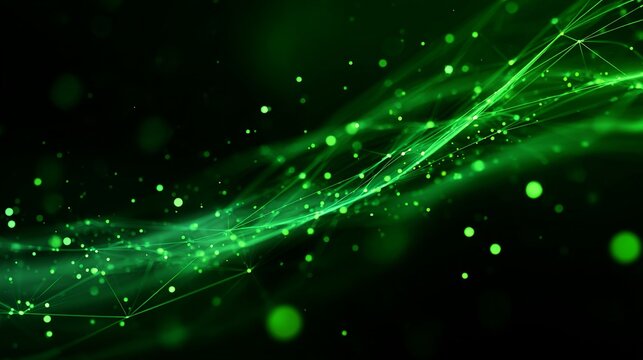 Dynamic green abstract network connections glowing with futuristic digital data flow and glowing particles creating a vibrant tech background
