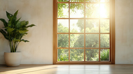 Fototapeta premium Bright window illuminating serene interior with lush greenery outside, creating tranquil