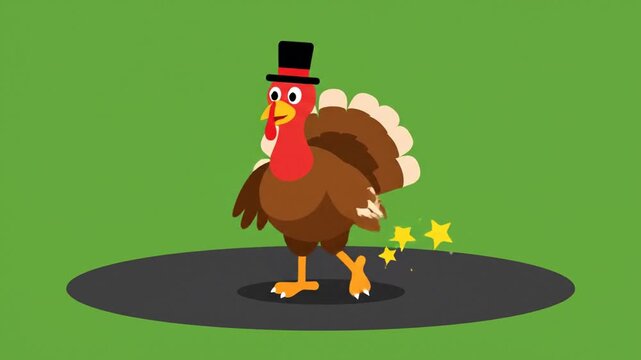 A charming cartoon turkey wearing a top hat for Thanksgiving celebration, walking proudly with sparkling stars in an animated vector illustration