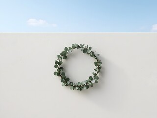 Small eucalyptus wreath on sunlit wall with soft blue sky