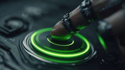 Fingertip activates glowing green interface, signaling innovation and digital transformation in technology