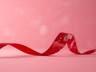 Red ribbon curl on pink bokeh lights, festive copy‑space backdrop