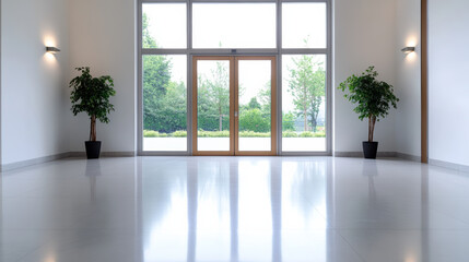 Spacious hallway with large glass doors and potted plants, creating serene atmosphere