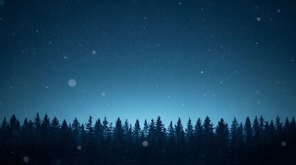 Deep blue snowy night above pine forest, peaceful winter scene
