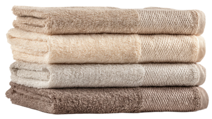 Stack of soft folded towels in various colors, cozy home bathroom linen and spa essentials isolated on white background