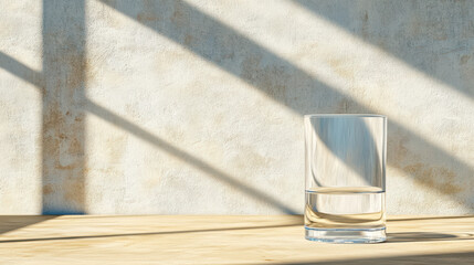 Obraz premium Clear glass of water sits on wooden surface, illuminated by soft light and shadows