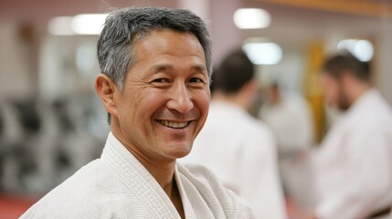 A judo teacher beams with pride as he guides students in a spirited training session at the dojo.