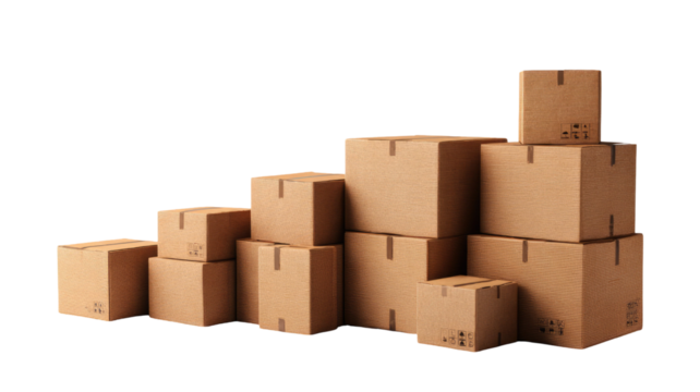 Stack of cardboard boxes neatly arranged, storage and shipping containers for warehouse, moving, or packaging isolated on white background - Powered by Adobe
