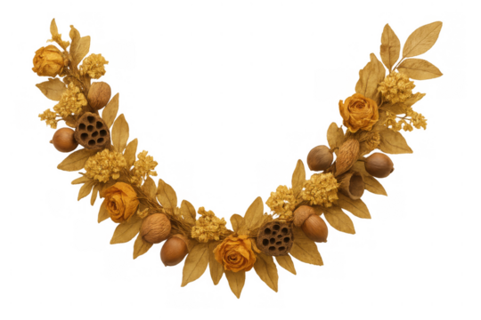 Half wreath decoration with dried flowers, autumn leaves, lotus pods, acorns, nuts, transparent background