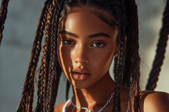 Young woman with double Dutch braids and glowing skin in warm sunlight, showcasing thick woven strands and natural beauty with sporty, confident expression