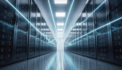 Futuristic Data Center Server Room with Glowing Data Connection Lines