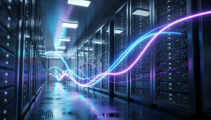 Futuristic Data Center Corridor with Waving Neon Light Trails of Data Transfer
