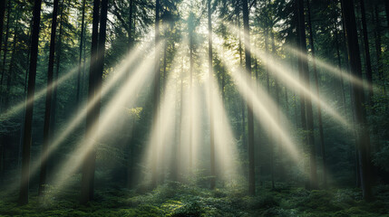 Fototapeta premium Sunlight beams breaking through tall trees create serene forest atmosphere