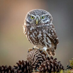 Small owl perched on pine cones, front view, soft light background