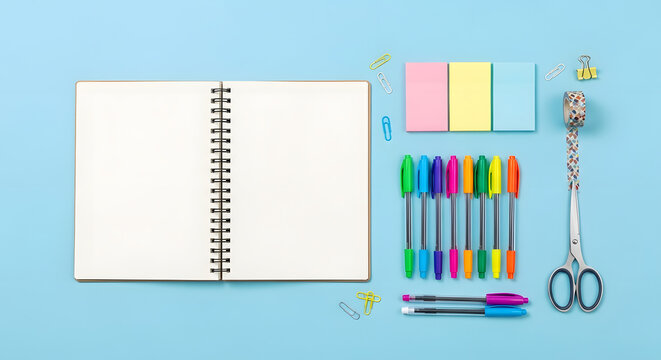 Overhead shot of open notebook with pens sticky notes and scissors on a light blue background