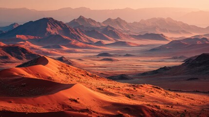 Naklejka premium Golden sunlight illuminates stunning dunes and distant mountains creating a tranquil desert scene at dusk.